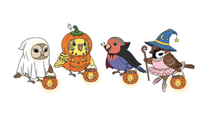 Halloween Birds' Parade: A charming gathering of birds in festive Halloween costumes, each holding a flickering lantern, radiating the joy of celebration and the thrill of the season.