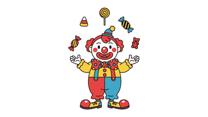Playful Clown Juggling Candy: A whimsical illustration captures a cheerful clown mid-act, delighting with his juggling skills and colorful display of candy. A captivating scene for celebrations!