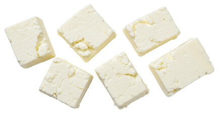 Fresh feta cheese cubes isolated on transparent background, traditional Greek dairy product made from sheep s milk for salads and cooking