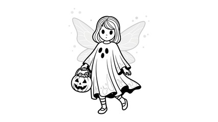 Halloween Fairy in Costume: A whimsical illustration of a young fairy dressed in a ghost costume holding a Jack-o'-lantern basket, perfect for Halloween themed projects. 
