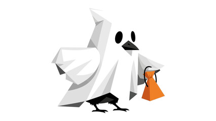 Halloween Bird Illustration: A whimsical illustration of a bird dressed in a ghost costume, complete with a trick-or-treat bucket, perfectly embodying the spirit of Halloween.