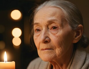 Cinematic close-up portrait of elderly woman illuminated by warm candlelight in dark cozy room