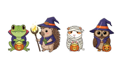 Halloween Menagerie: A charming and whimsical collection of cartoon animals costumed in festive Halloween attire, each holding a jack-o'-lantern, conjuring a sense of childlike wonder and spooky fun.