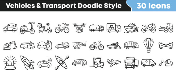 Vehicles and transport doodle icons set with car bus truck bike scooter motorcycle ship plane drone rocket helicopter hand drawn collection