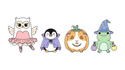 Halloween Costume Party: A delightful collection of adorable animal characters, each dressed in charming Halloween costumes, creating a playful and festive scene.
