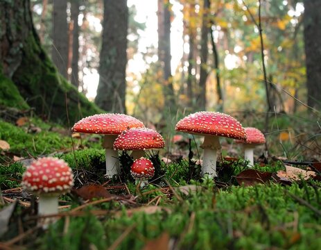 Forest floor with vibrant red mushrooms