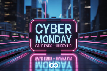 Vibrant neon Cyber Monday sale sign glows urgently in a futuristic urban setting, perfect for capturing attention and driving last-minute deals.