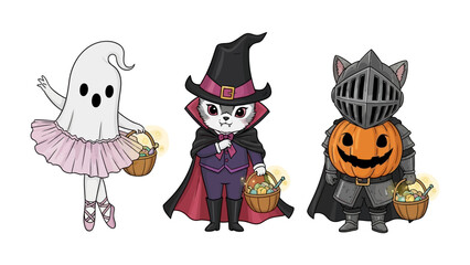 Halloween Trio in Delightful Costume: A charming ensemble of playful characters donned in enchanting Halloween attire, exuding an air of joyous fun and fantasy.