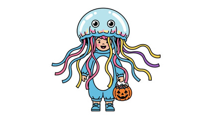 Joyful Jellyfish: An adorable child radiates joy in a vibrant jellyfish costume, holding a jack-o'-lantern bucket, capturing the spirit of Halloween.