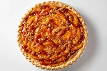 Delicious Peach Pie with Crumble Topping on White Background.
