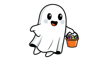 Friendly Halloween Ghost: A charming ghost, with wide eyes and a cheerful smile, floats gently while holding a candy-filled bucket, embodying the playful spirit of Halloween.
