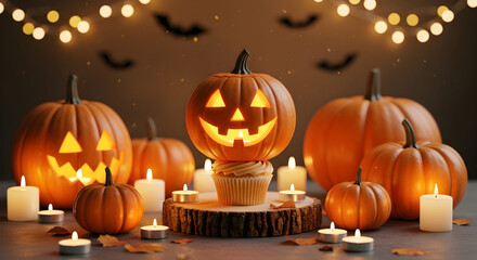 Fototapeta premium Festive Halloween Arrangement: Glowing Jack-o'-Lanterns and Warm Candles for a Cozy Spooky Celebration