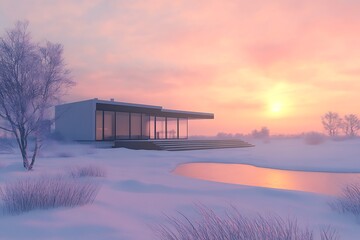 A serene winter escape: a minimalist house nestled in a snow-covered landscape at sunset, bathed in soft pink and golden light.