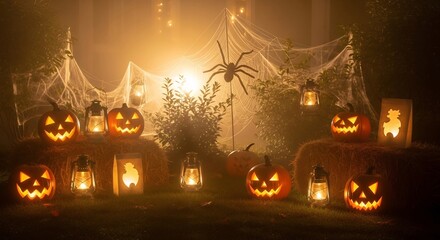 Halloween scene lit jackolanterns lanterns spider web with spider and straw bales in dim misty outdoor setting