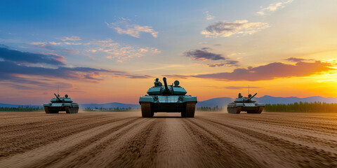 Fototapeta premium Military tanks advance across sandy terrain during sunset, showcasing powerful display of strength and determination