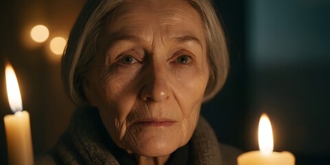 Cinematic close-up portrait of elderly woman illuminated by warm candlelight in dark cozy room