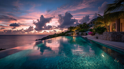 Serene tropical poolside view at sunset, reflecting vibrant colors of the sky, surrounded by lush greenery and tranquil ocean waves, creating a peaceful atmosphere