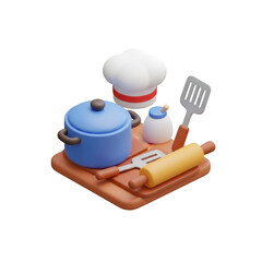 Fototapeta premium Chefs tools and hat on a cutting board isolated on transparent background