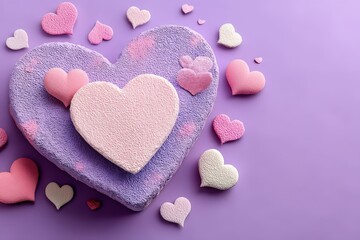 Obraz premium Colorful textured hearts scattered across a soft purple backdrop creating a playful and cheerful Valentine's theme showcasing love and affection in a charming artistic display