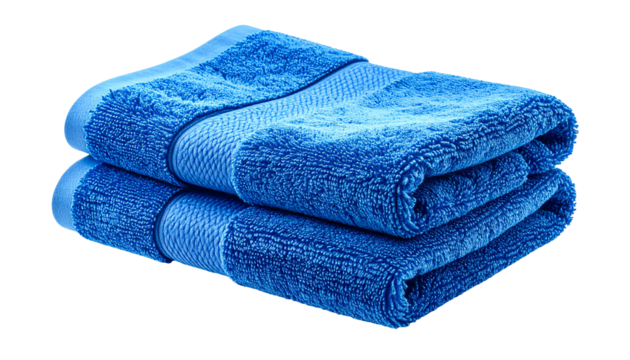 Two blue, folded bath towels stacked