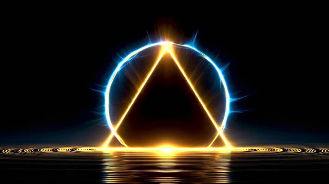 A glowing triangular portal with a circular aura, reflected in rippling water