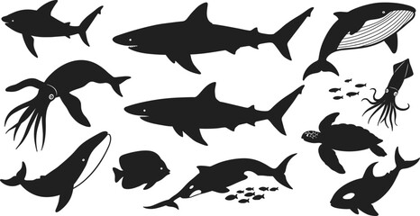 Ocean marine animal silhouettes set with sharks, whales, squid, turtle, fish, sea life vector illustration for underwater design