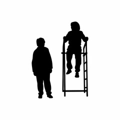 Silhouette of a caregiver watching kids climb a jungle gym isolated on white background