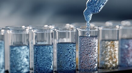 Pipette dispensing liquid into test tubes, showcasing various colored solutions