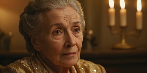 Cinematic close-up portrait of elderly woman illuminated by warm candlelight in dark cozy room