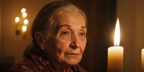 Cinematic close-up portrait of elderly woman illuminated by warm candlelight in dark cozy room