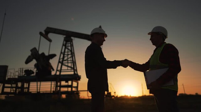 Two workers shake hands at sunset beside pumpjack and rig in oilfield where engineer and worker confirm handshake agreement on energy industry safety with helmet and vest silhouette and partnership