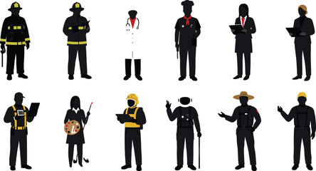 Diverse professions illustrated, firefighter, doctor, police, artist, farmer, mechanic, construction worker, businessperson, career icons, occupational diversity, teamwork