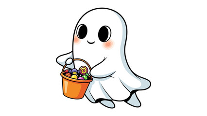 A Friendly Ghost With a Treat: A cheerful cartoon ghost, bearing a vibrant orange bucket filled with colorful sweets. It's a perfect symbol of a whimsical Halloween spirit.