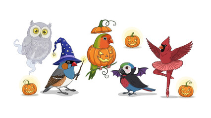 Whimsical Halloween Bird Assemblage: A charming array of creatively adorned birds, each with unique Halloween attire, brings a cheerful celebration of the spooky season.