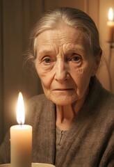 Cinematic close-up portrait of elderly woman illuminated by warm candlelight in dark cozy room
