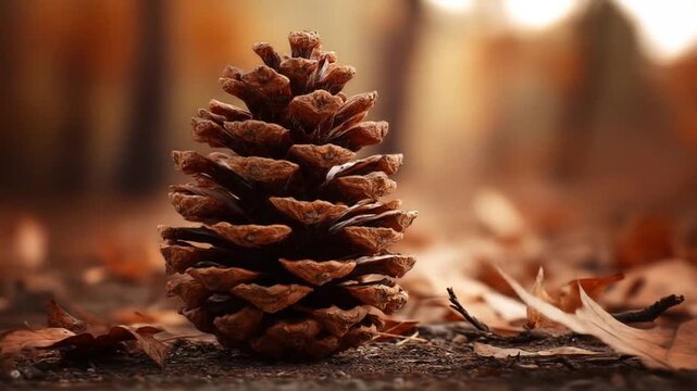 Close up of pine cone and dry leaf against blurred brown background