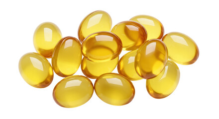 Golden fish oil capsules isolated, omega-3 supplement softgels for healthy diet and nutrition on transparent background