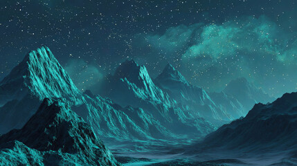 Majestic mountain landscape under a starry night sky, showcasing rugged peaks illuminated by ethereal turquoise light, creating a serene and otherworldly atmosphere