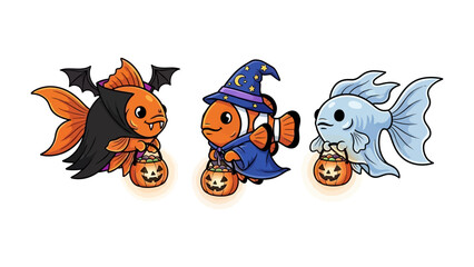 Spooky Aquatic Trio: A trio of playfully animated fish, each dressed in imaginative Halloween costumes, carry miniature jack-o'-lantern buckets, celebrating the spirit of the season with whimsy.