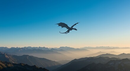 Naklejka premium Silhouette Dragon Flying Over Mountain Range During Sunset with Clear Sky