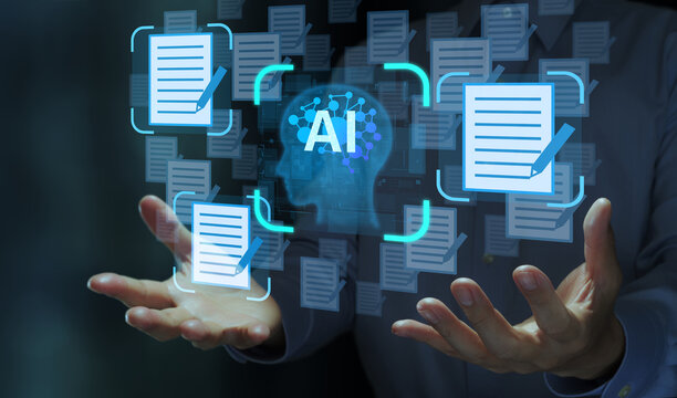 AI-powered document generation. Automatic summarization. Generative AI for proofreading and editing. Businessperson holding an artificial intelligence icon. - Powered by Adobe