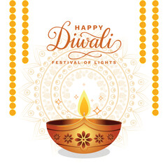 Happy Diwali, Indian festival of lights with vibrant background, glowing diya and garland decorations. Perfect festive design for greeting cards, banners, and posters.