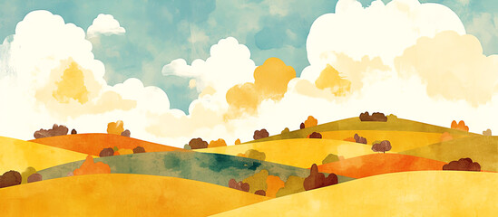 Colorful watercolor illustration of rolling hills under a bright sky with fluffy clouds, showcasing vibrant autumn foliage and serene landscape beauty