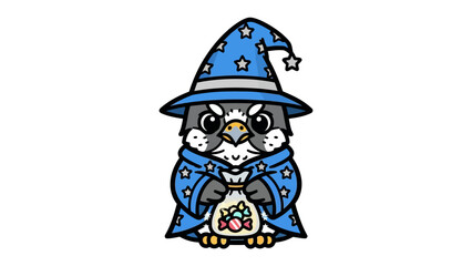 Wise Owl Wizard: A whimsical illustration of an owl, robed as a wizard and wearing a pointed hat adorned with stars, holds a bag of candies in its talons, ready to share enchantment.