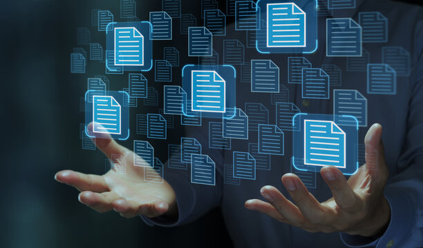 Knowledge base KB and document search. Enterprise knowledge management and document repository. Businessperson holding document icons.