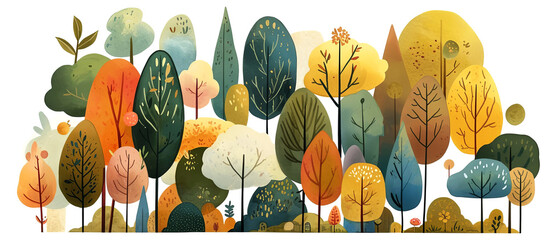 Colorful forest illustration featuring various trees in vibrant autumn hues, showcasing a whimsical landscape with diverse foliage and playful shapes, perfect for nature-themed designs