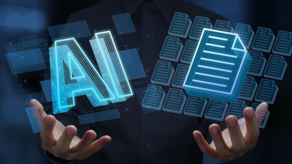 AI-powered intelligent document processing IDP. Document automation and management solutions. Businessperson holding artificial intelligence icon and document icons.