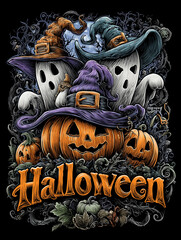 Festive Halloween illustration featuring ghosts, jack-o'-lanterns, and witch hats	