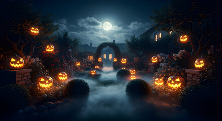 Obraz premium Magical Halloween Night Garden Pathway with Glowing Jack-o'-Lanterns Under a Full Moon