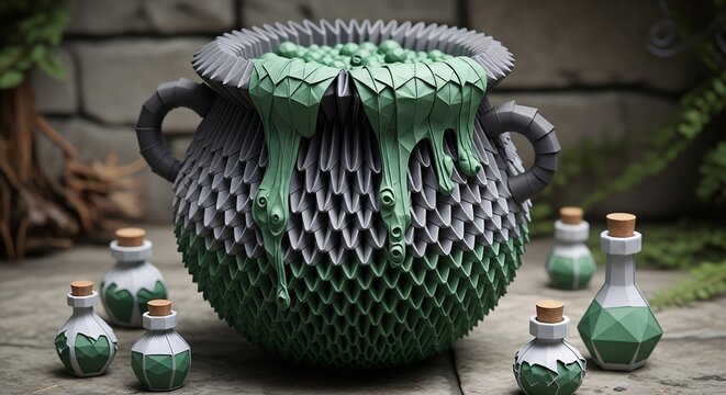 Bubbling Green Potion in Ornate Cauldron with Small Glass Bottles on Wooden Surface Fantasy Still Life. Halloween Decoration Theme